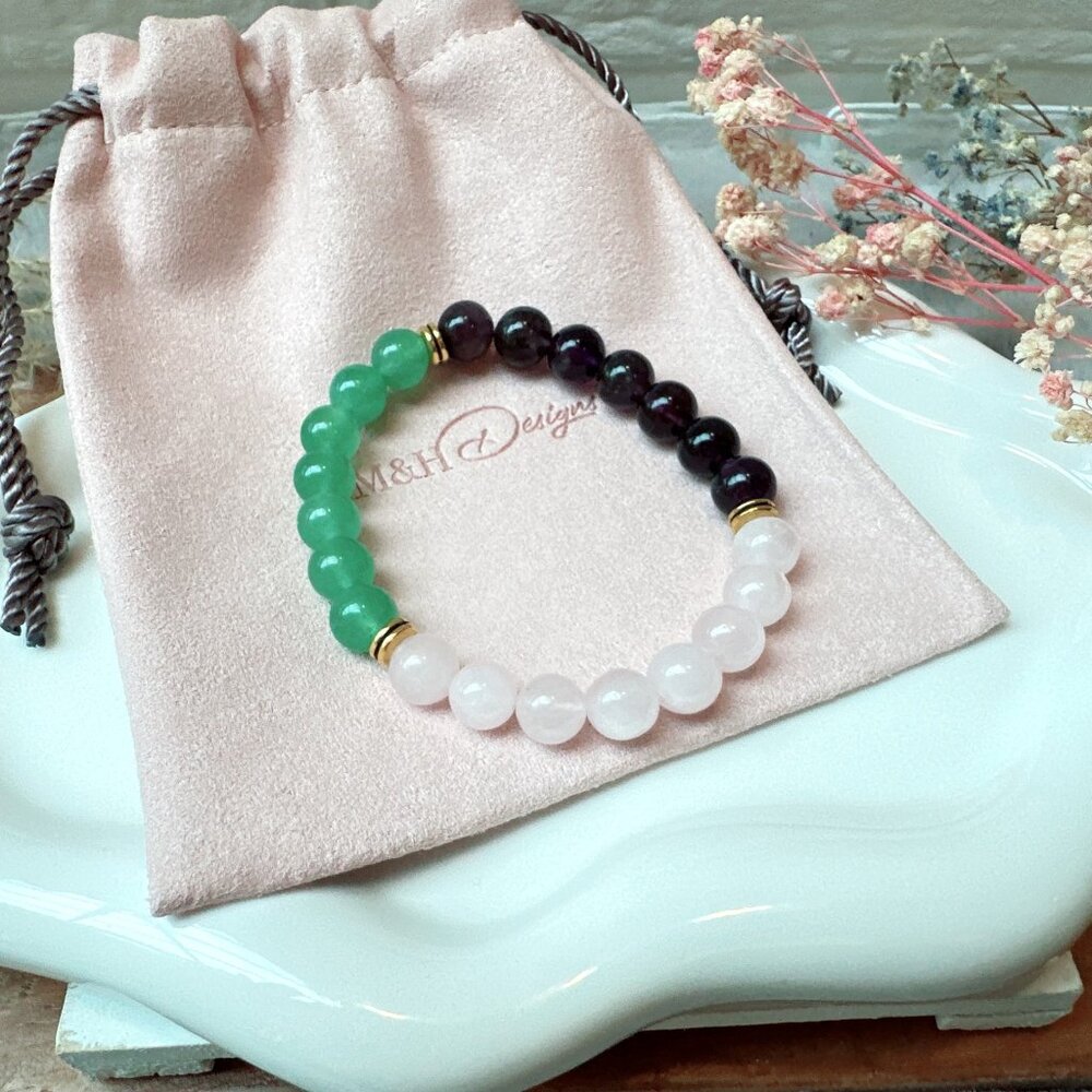 8mm Rose Quartz, Green Aventurine and Amethyst Stretch Bracelet